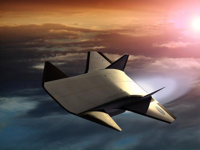 An artist's rendering of the air-breathing, hypersonic X-43B, the third and largest of NASA's Hyper-X series flight demonstrators, which could fly later this decade.