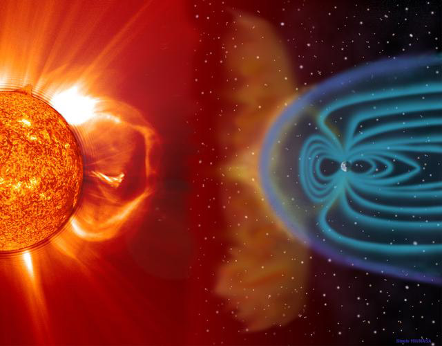Blasts of particles and magnetic fields from the Sun that impact the magnetosphere, the magnetic bubble around the Earth.