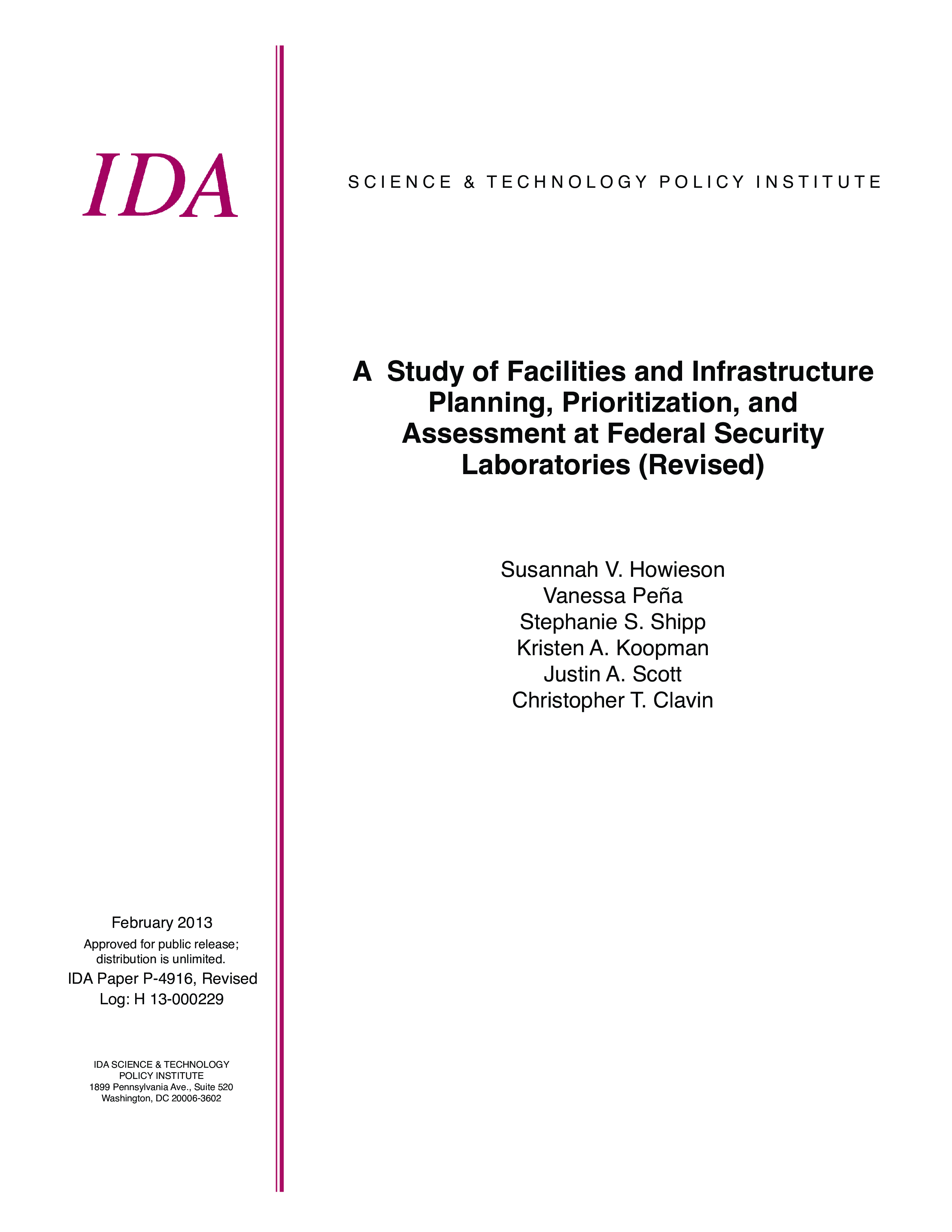A Study of Facilities and Infrastructure Planning, Prioritization, and Assessment at Federal Security Laboratories (Revised)