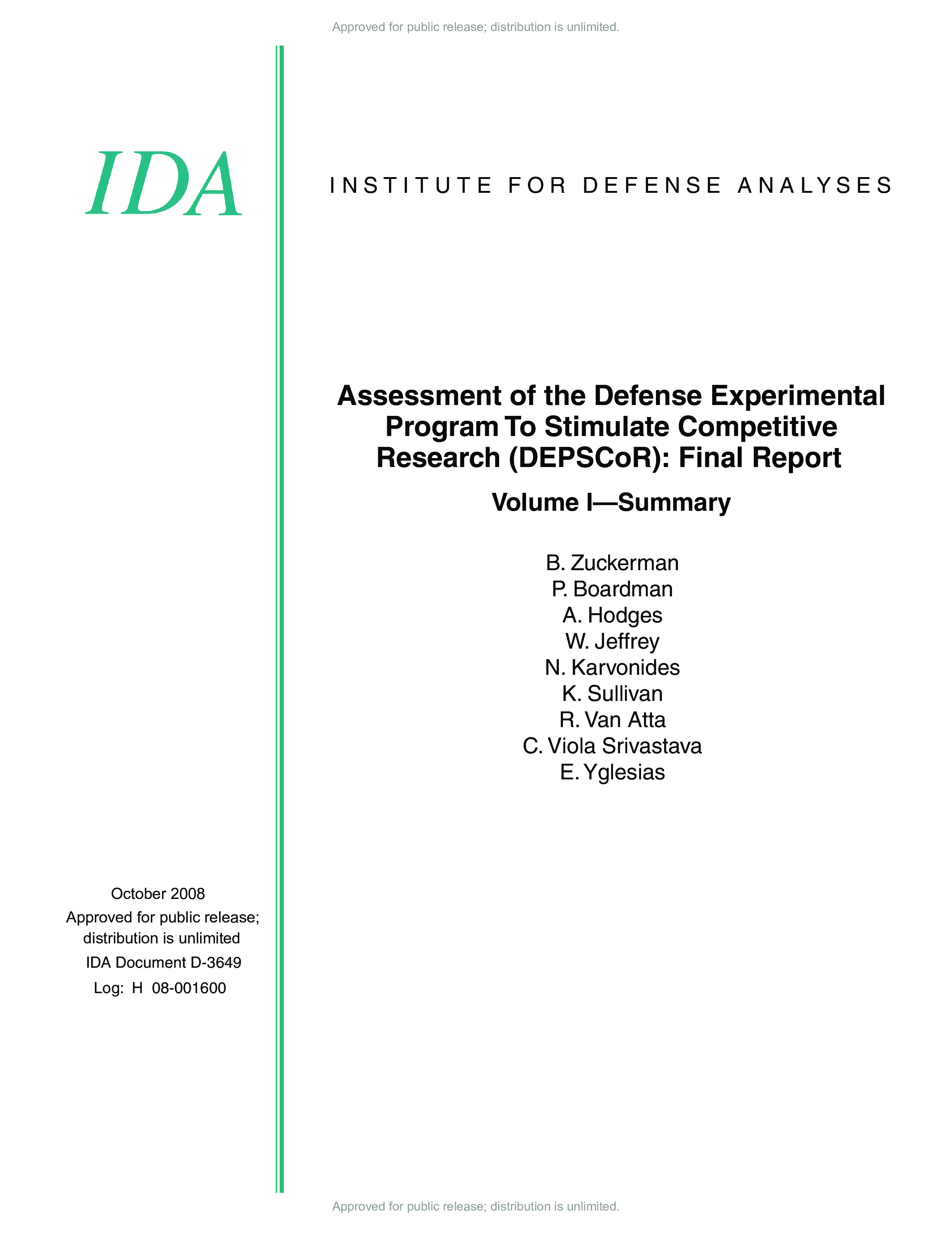 Assessment of the Defense Experimental Program to Stimulate Competitive Research DEPSCoR  Volume 1-Summary