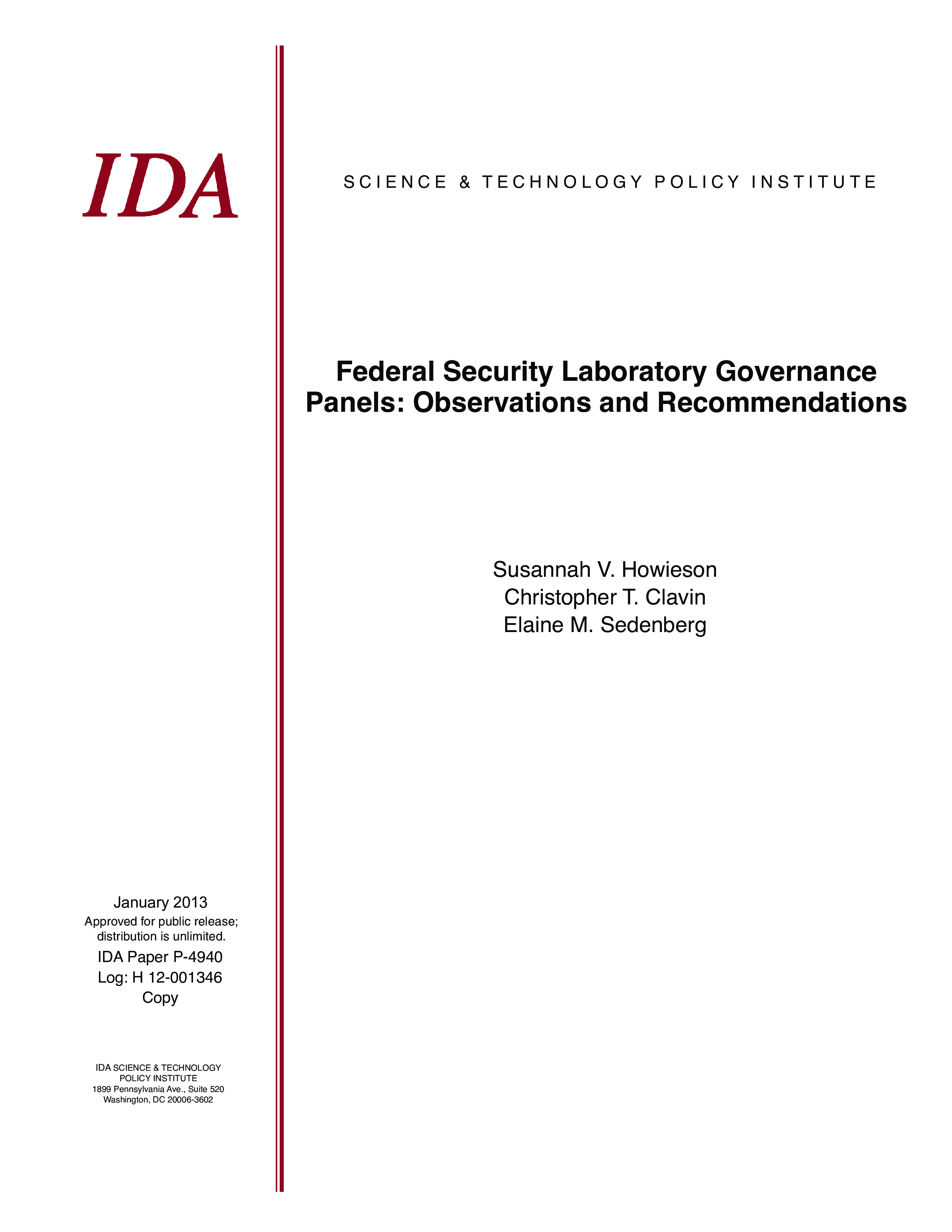 Federal Security Laboratory Governance Panels: Observations and Recommendations