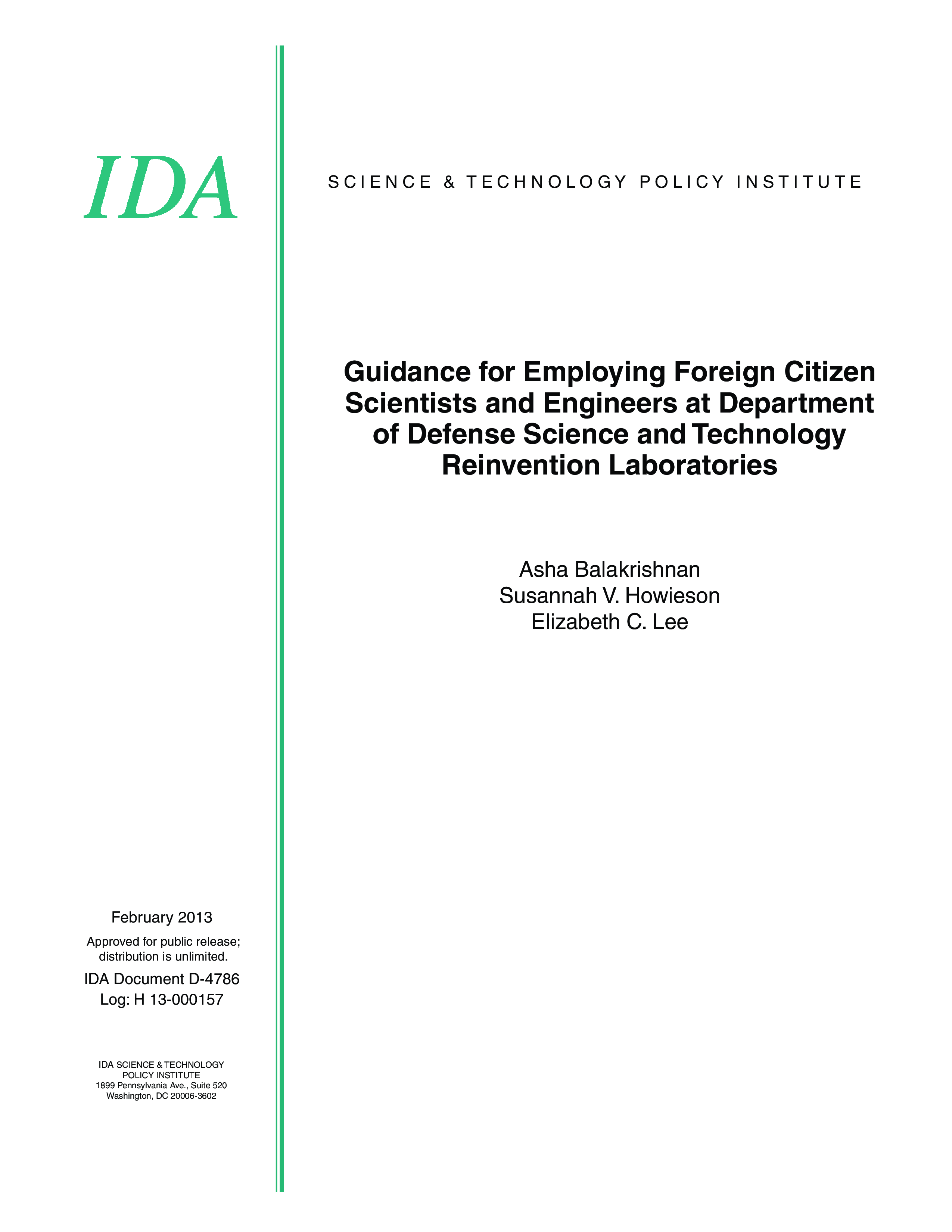 Guidance for Employing Foreign Citizen Scientists and Engineers at Department of Defense Science and Technology Reinvention Laboratories