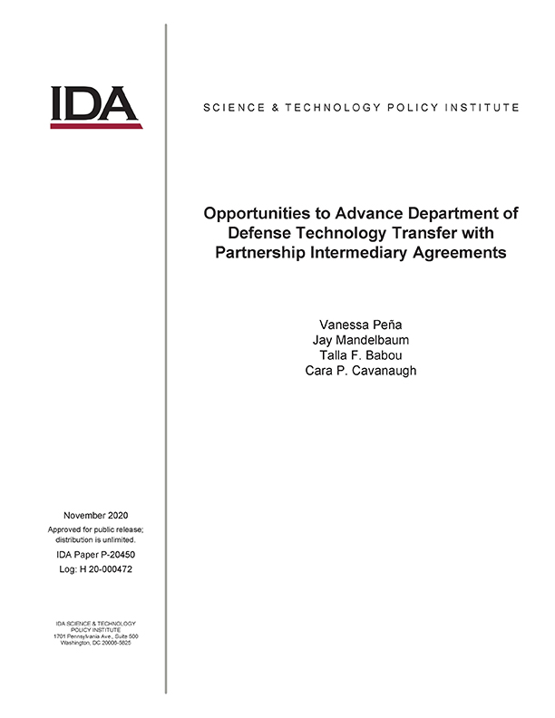 document cover, Opportunities to Advance Department of Defense Technology Transfer with Partnership Intermediary Agreements
