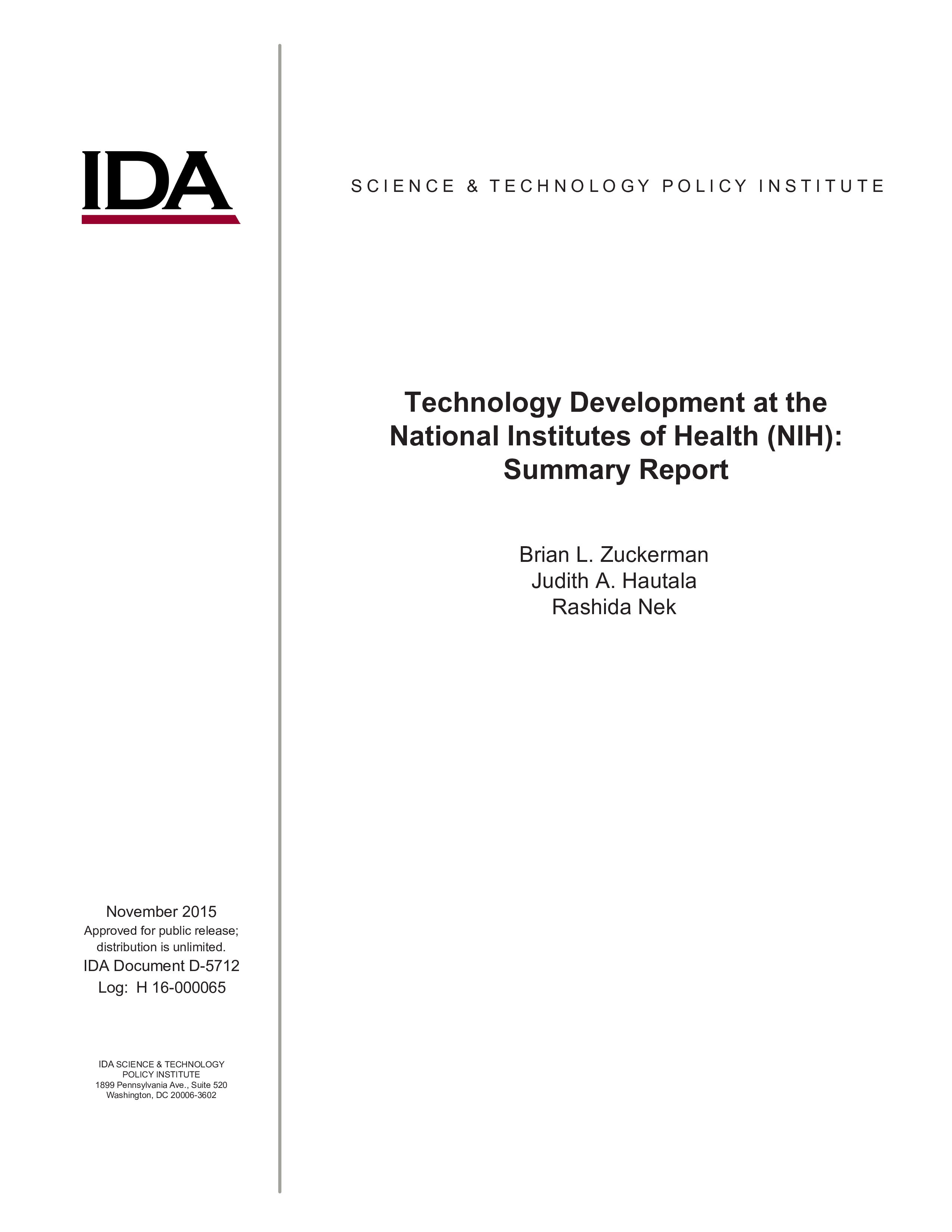 Technology Development at the National Institute of Health (NIH): Summary Report
